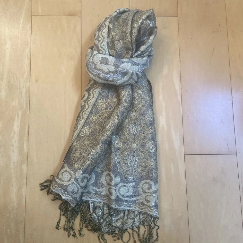 GOLD GLAM Metallic Thread Large Shawl Scarf With Tassels And Butterfly Print